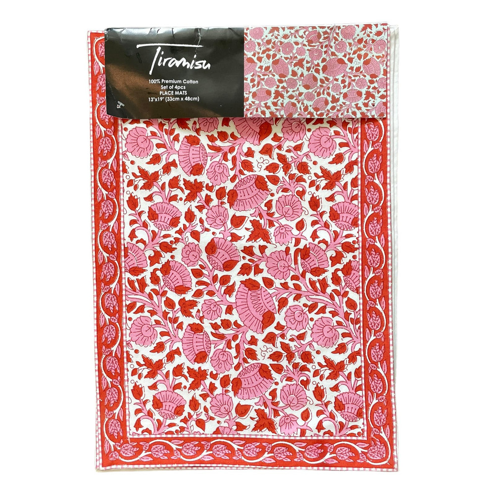 Tiramisu Pink & Red Floral Premium Cotton Placemats 13x19 Set of 4 New